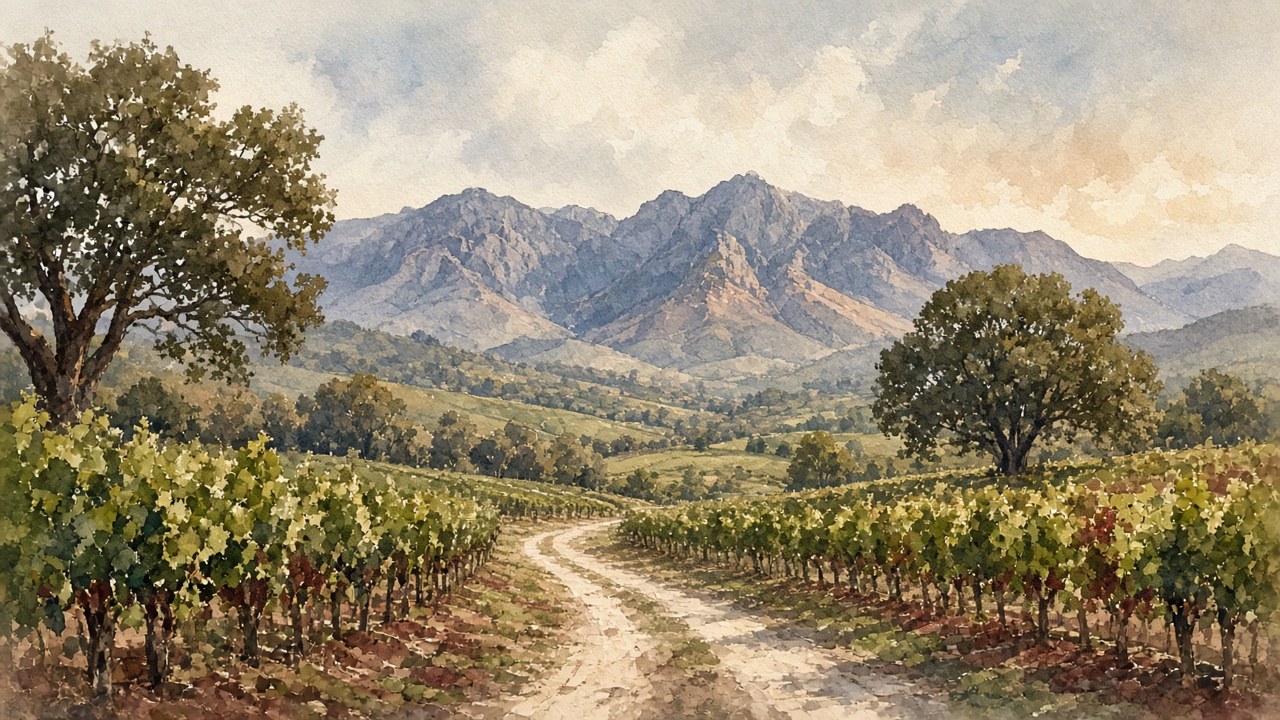 Watercolour of vine rows, a dirt road, and mountains.