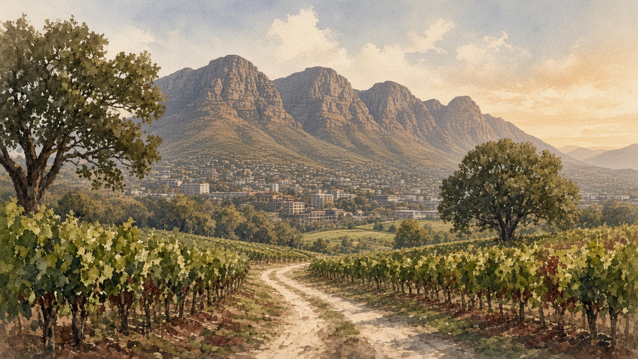 Watercolour of the Constantia valley.