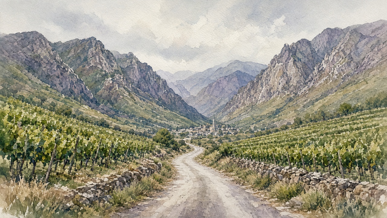 Watercolour of the Franschhoek valley.