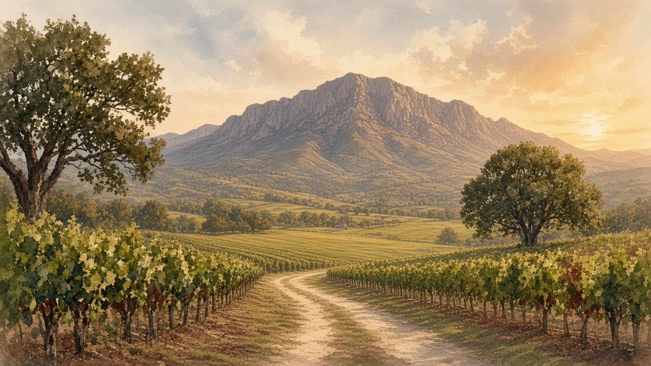 Watercolour of the Helderberg valley.