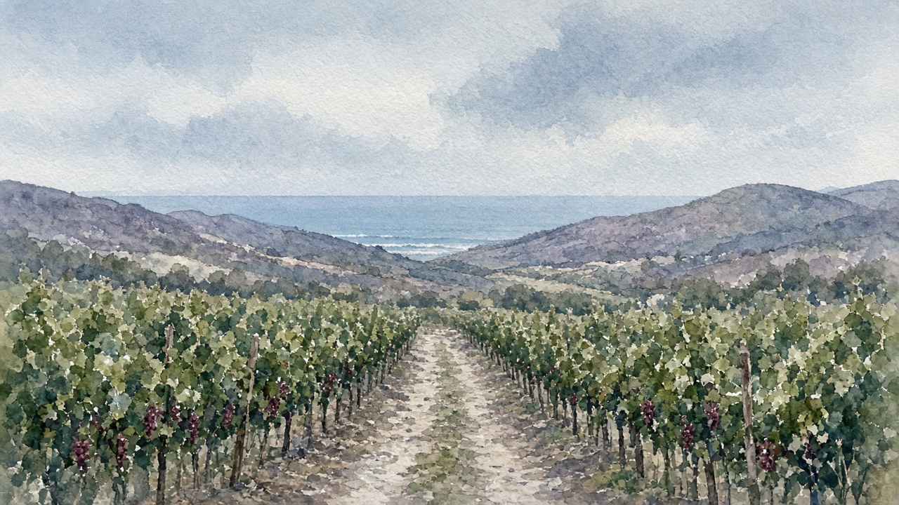 Watercolour of the Hemel-en-Aarde valley.