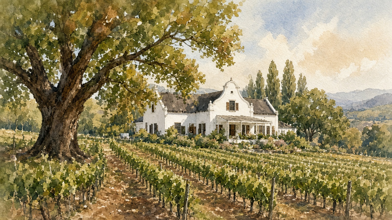 Watercolour of the Stellenbosch valley.