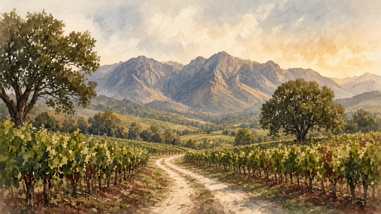 Watercolour of the Tulbagh valley.